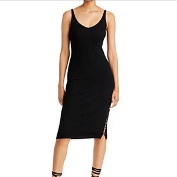 Aqua Liana Black Rib Tank Stretch Midi Slip Dress Size Medium - Picture 1 of 7